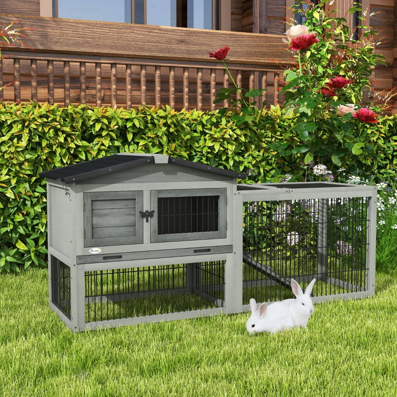 PawHut Wood Rabbit Hutch w/ Ramp, Openable Roof, Pull-out Tray, Light Grey
