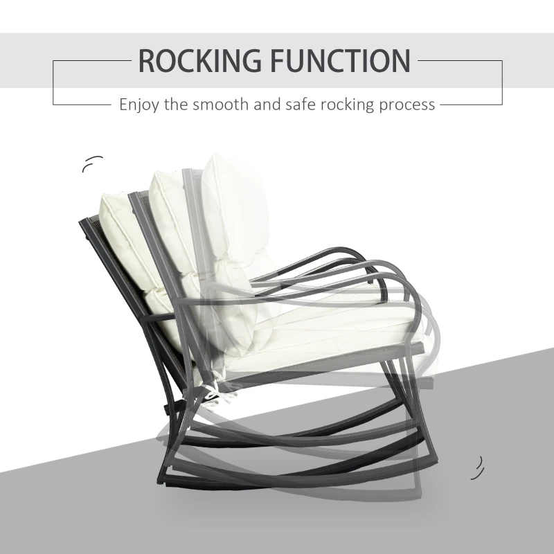Outsunny 3 Pieces Patio Wicker Rocking Chairs Table Set, Outdoor PE Rattan Furniture with 2 Rockers & 1 Coffee Table w/ Padded Cushions for Deck, Backyard, Garden, Cream White