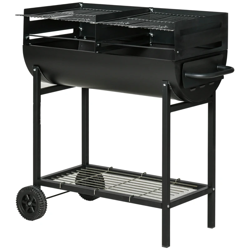 Outsunny 35.5" Portable Charcoal Grill BBQ with Dual Zone, Height Adjustable Cooking Grates, Outdoor Barbecue Trolley with Shelf, Wheels for Patio Backyard Camping Picnic, Black