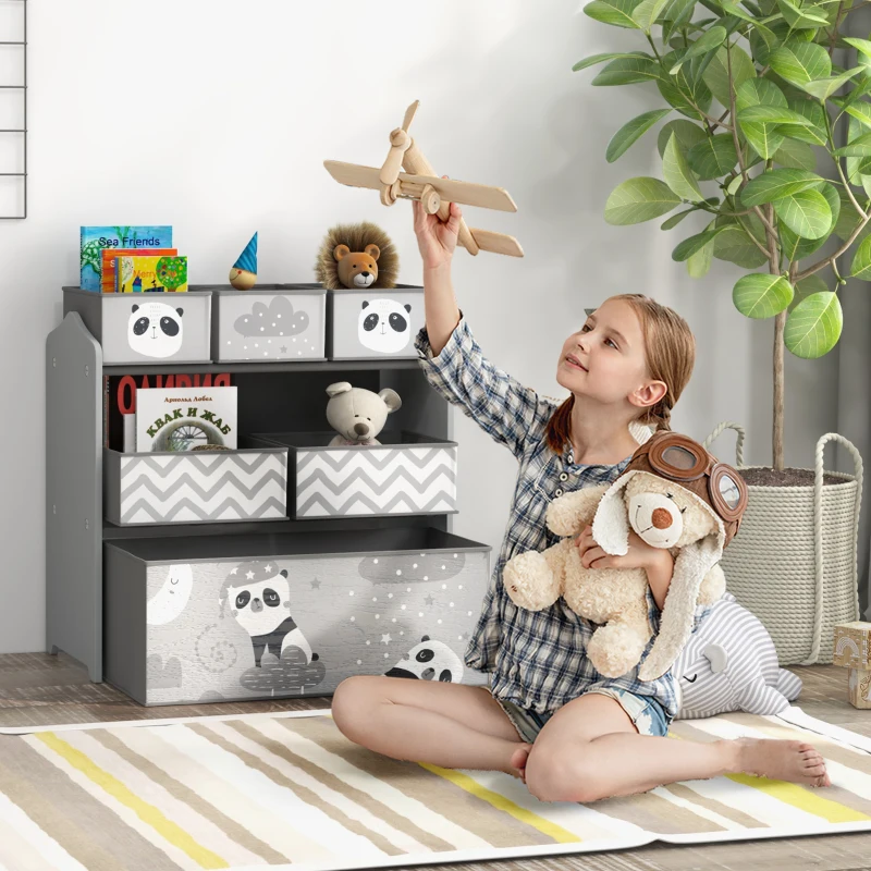 Qaba Toy Organizer with 6 Storage Bins, 25" x 12" x 26", Gray