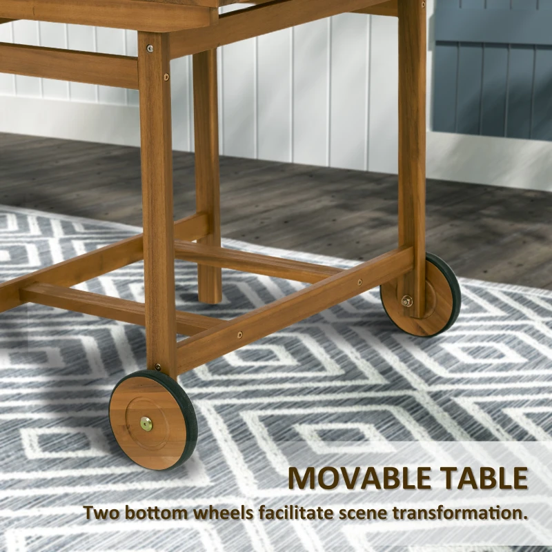 Outsunny 5 Pieces Wood Patio Dining Set, Wheeled Patio Table and Folding Chairs with Cushions for Garden Backyard Poolside, Teak