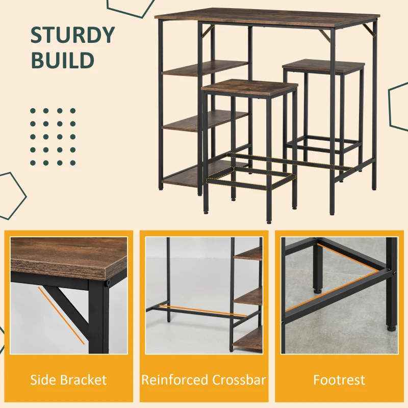HOMCOM Industrial 3 Piece Dining Table Set, Counter Height Bar Table and Chairs Set, Kitchen Bistro Table Set with Storage Shelf and Stools, Rustic Brown
