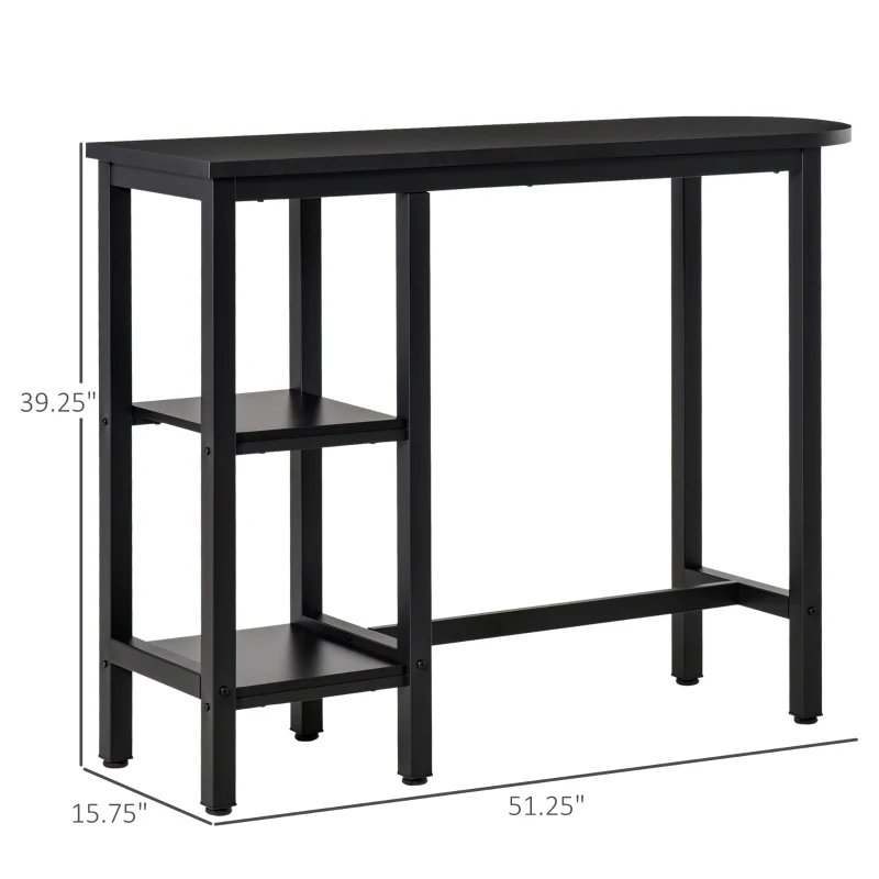 HOMCOM Modern Bar Table, Pub Table, Accent Console Table with Side Storage Shelf & Metal Frame, Black