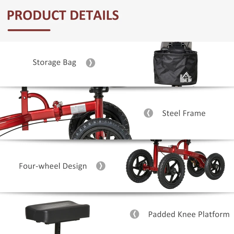 HOMCOM Foldable Medical Knee Walker Scooter for Injured Leg Red