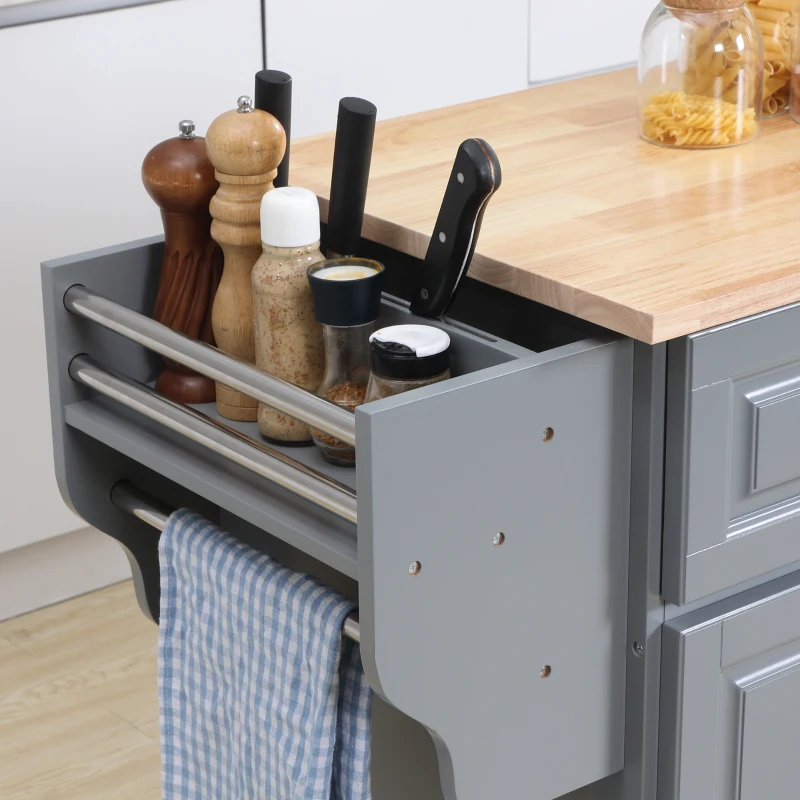 HOMCOM Rolling Kitchen Island on Wheels Utility Cart with Drop-Leaf and Rubber Wood Countertop, Storage Drawers, Door Cabinets, Grey