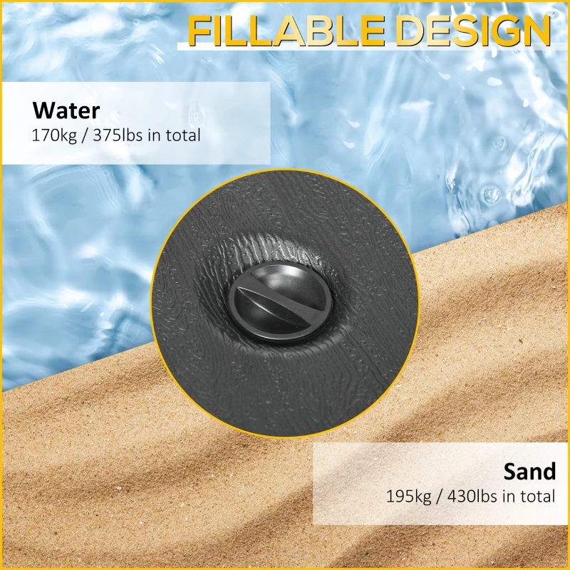 Outsunny Fillable Patio Cantilever Umbrella Base with Wheels, Heavy-duty Offset Umbrella Weights with Easy-Fill Spouts, Steel Cross Base, 430lbs Sand or 375lbs Water Filled, Black