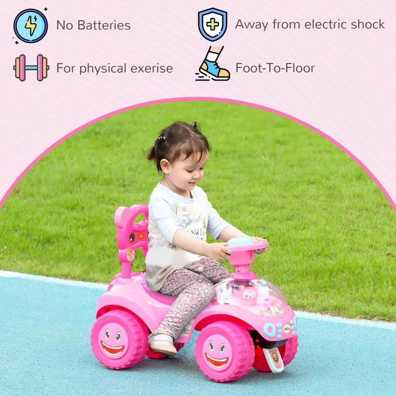 Qaba Foot to Floor Toddler Push Car w/ Horn, Light, Music, Anti-Over-Backwards Device & Underseat Storage, Pink