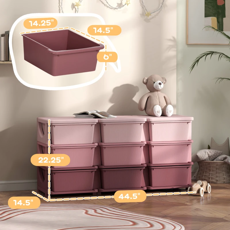Qaba 29.5" 3 Tier Kids Storage Unit Dresser Tower w/ 9 Drawers, Pink