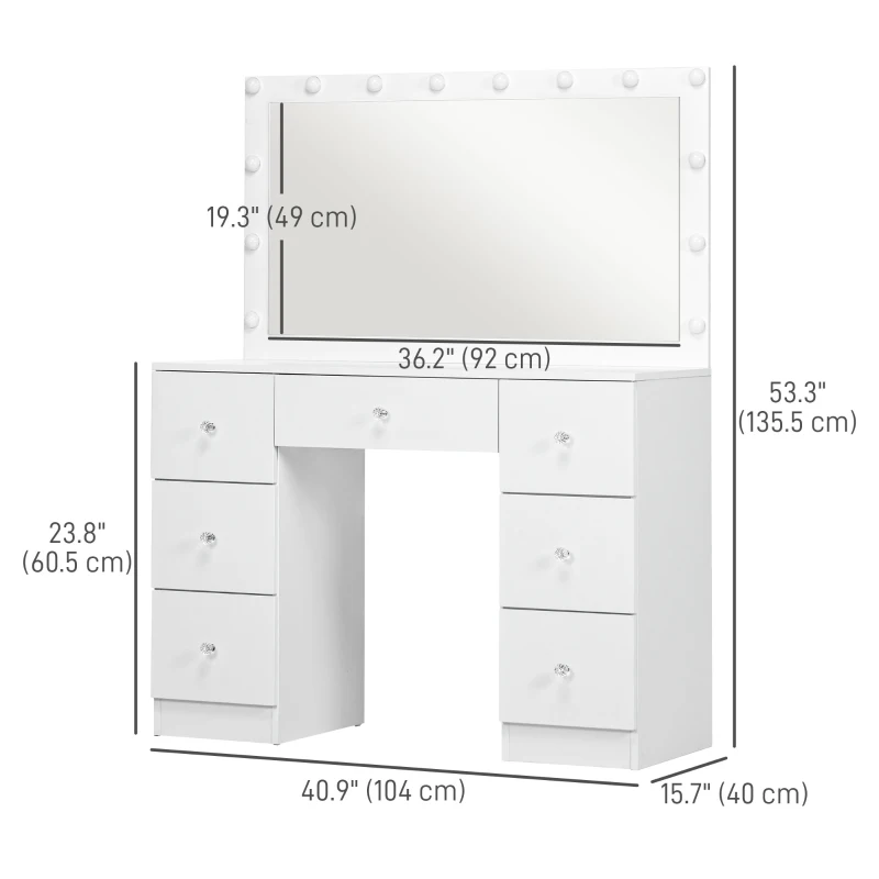 HOMCOM Makeup Vanity Table, Dressing Table with Mirror and Lights, Modern Makeup Table with 7 Drawers and 10 LED Lights, White
