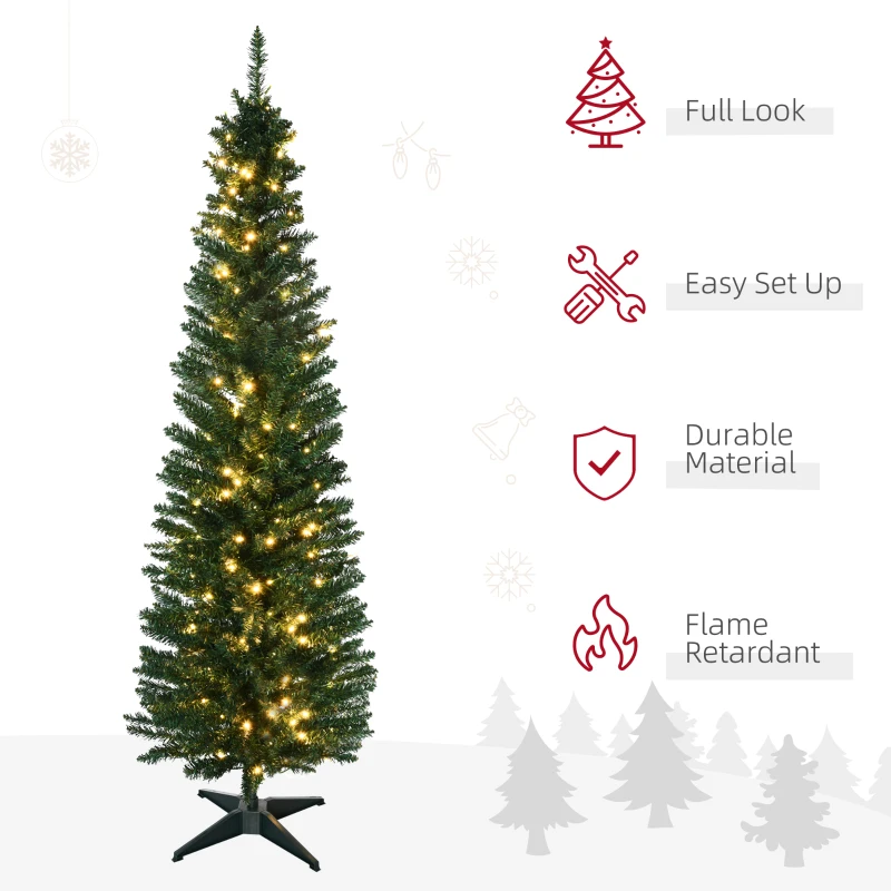HOMCOM 6' Pre Lit Artificial Pencil Christmas Trees, Xmas Tree with Realistic Branches and Warm White LED Lights, Green