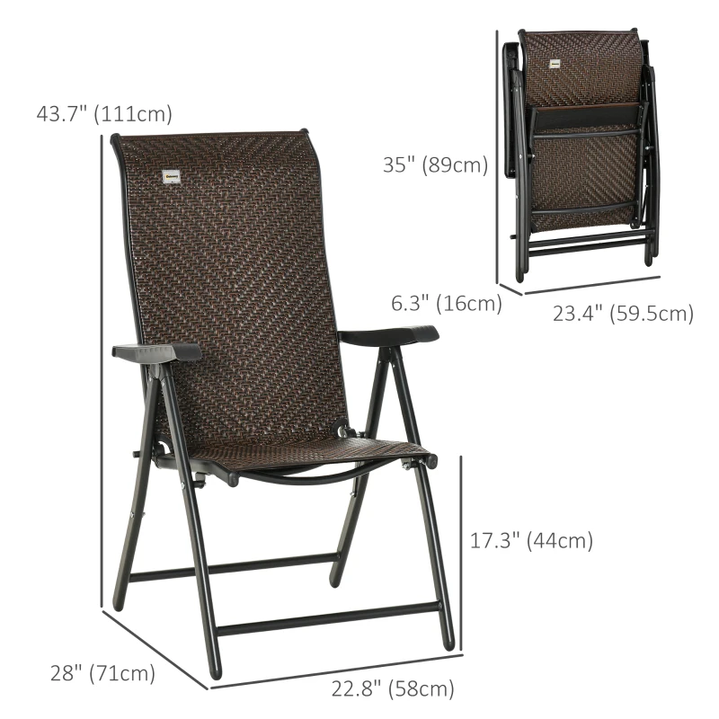 Outsunny 2PCs Outdoor Wicker Folding Chairs with Adjustable Backrest, Brown