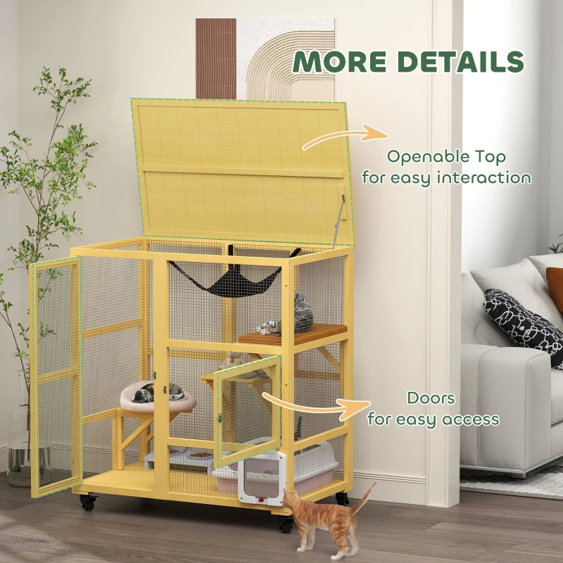 PawHut Cat Condo Wooden Indoor Cat House on Wheels with Cat Flap Door Platforms Hammock Openable Top for 2 Cats, Yellow