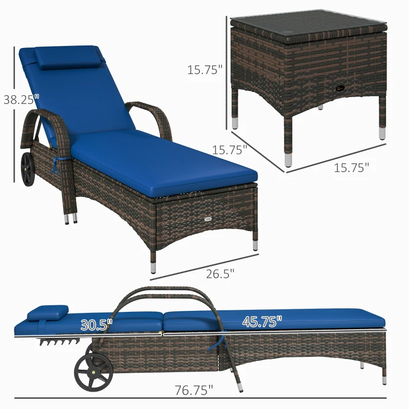 Outsunny Patio Wicker Chaise Lounge Chair Set of 2 with Table, Adjustable Backrest, Wheels, Cushion & Headrest, Blue