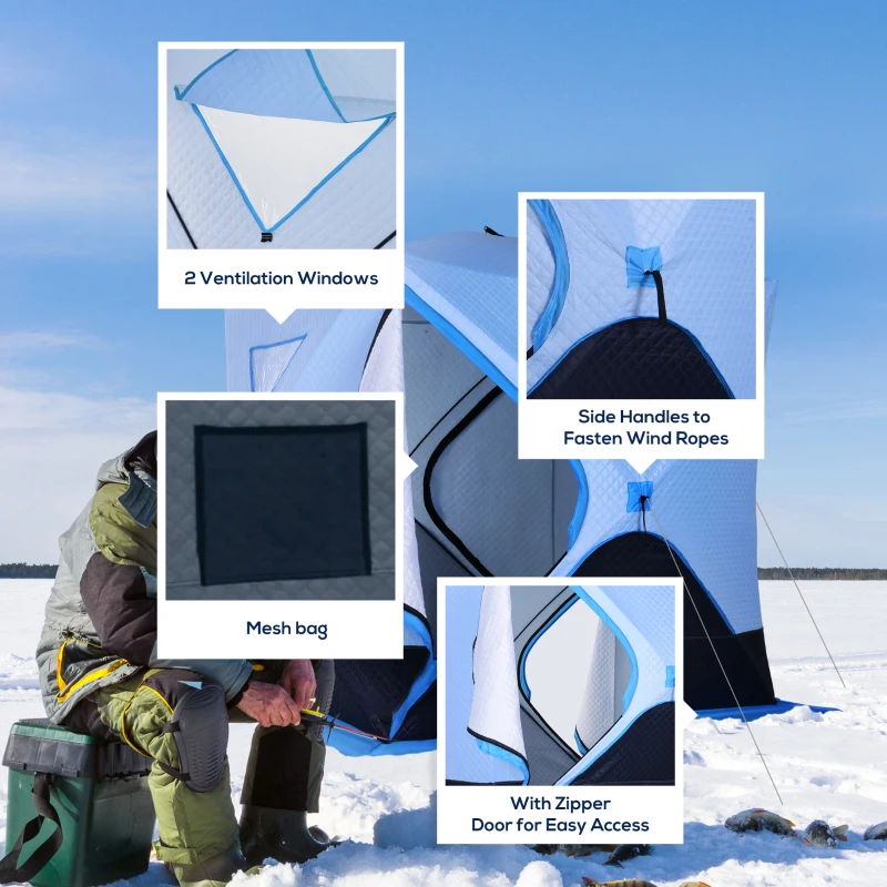 Outsunny 4 Person Ice Fishing Shelter, Pop-up Ice Fishing Tent, Ice Shanty, Portable and Insulated, with 2 Doors and Carrying Bag, Light Blue