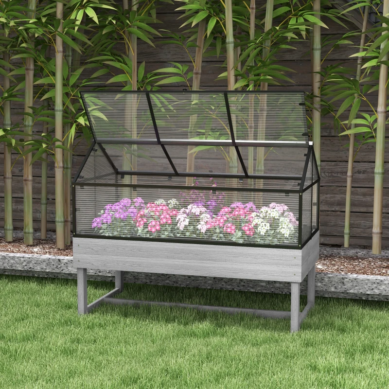 Outsunny Wood Elevated Planter Box with Cold Frame Greenhouse, Raised Garden Bed for Vegetables, Flowers, Herbs, Distressed Grey