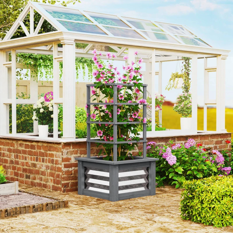 Outsunny Wooden Raised Garden Bed with Trellis, Galvanized Planter Box Elevated Garden Bed for Garden, Patio, Gray