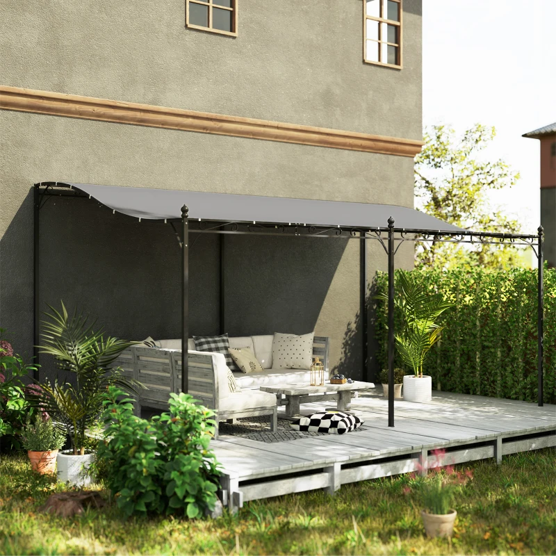 Outsunny 10' x 16' Wall-Mounted Outdoor Pergola Canopy, Metal Patio Canopy with Drainage Holes for Backyard Garden, Dark Gray