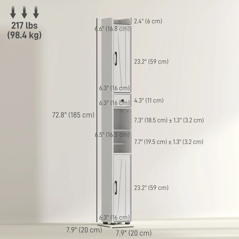 HOMCOM Narrow Bathroom Cabinet, Tall Bathroom Storage Cabinet with Barn Doors, Drawer and Adjustable Shelves, White Wood Grain