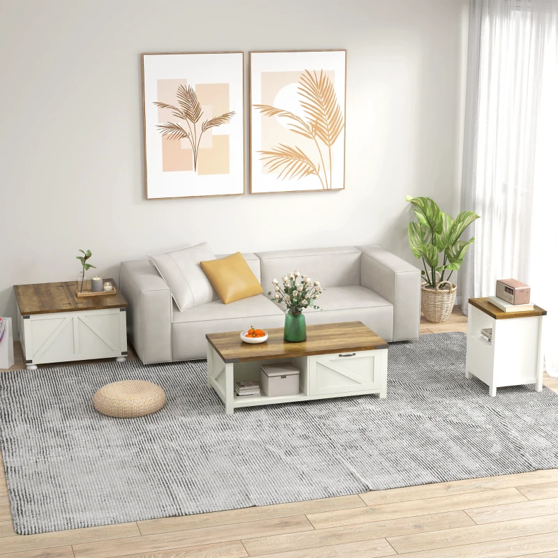 HOMCOM Farmhouse Coffee Table with Storage, Large Square Coffee Table for Living Room Furniture, Wooden Center Table