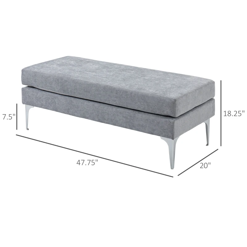 HOMCOM 48 Inches Upholstered Bedroom Bench, Modern End of Bed Bench with Double Layer Seat Cushions and Steel Legs, Light Gray