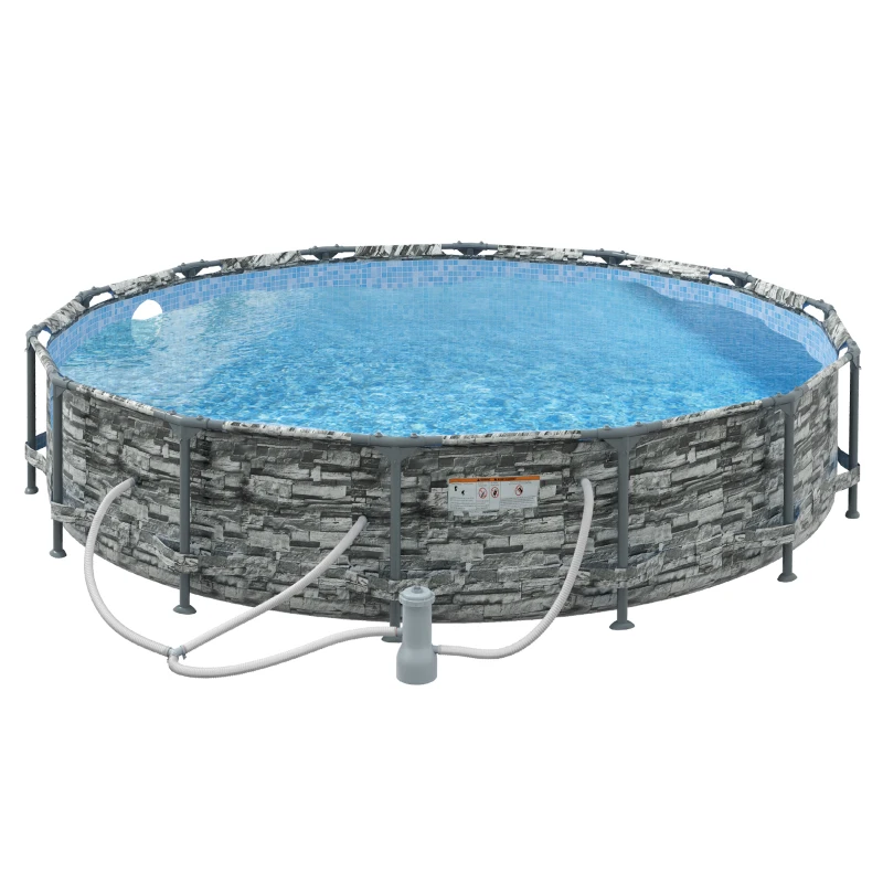 Outsunny Round Above Ground Pool, Metal Frame Pool with Cartridge Filter Pump and Repair Patch, 14' x 33", Gray Brick
