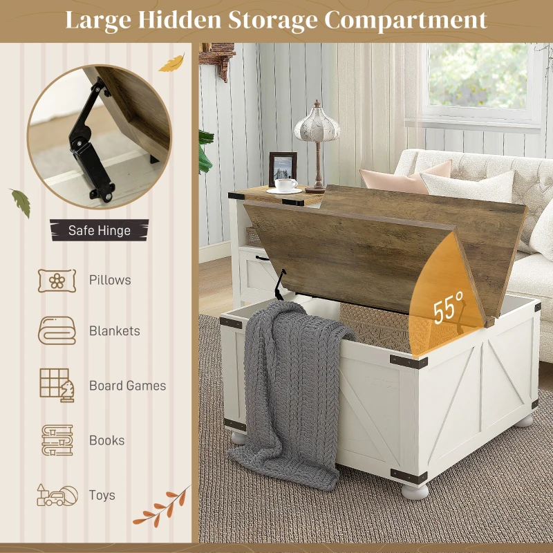HOMCOM Farmhouse Coffee Table, Square Center Table with Flip-top Lids, Hidden Storage Compartment and Wooden Legs, Antique White