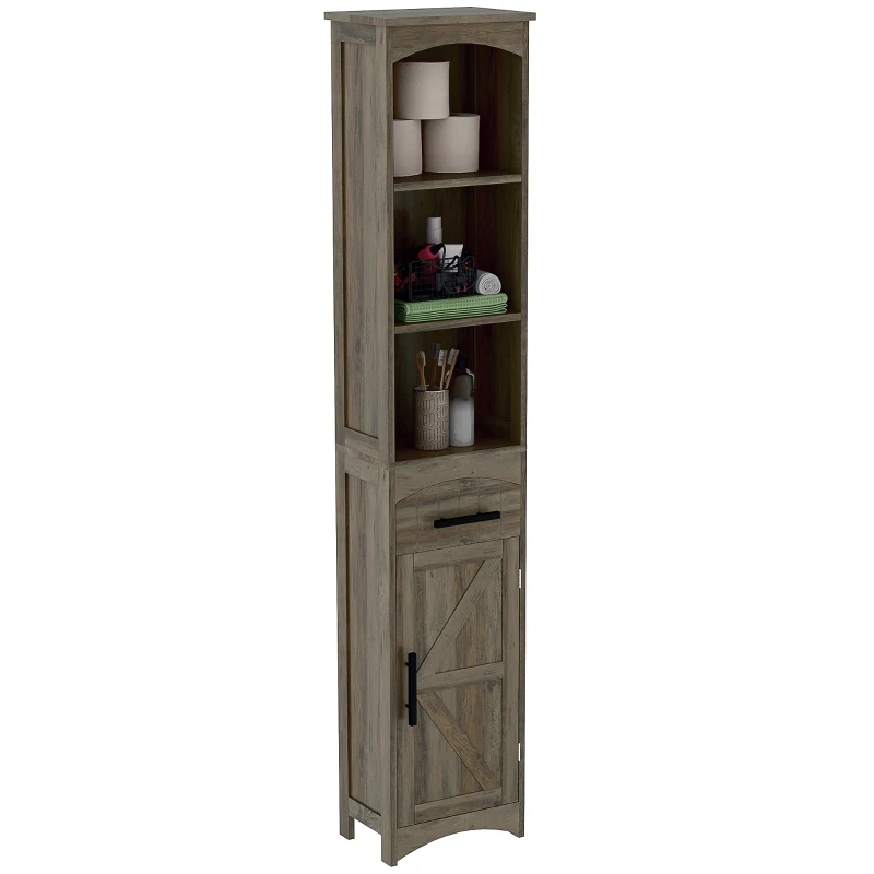 HOMCOM Farmhouse Tall Slim Bathroom Storage Cabinet with Recessed Drawer, Narrow Cabinet with Barn Door, Weathered Gray Oak