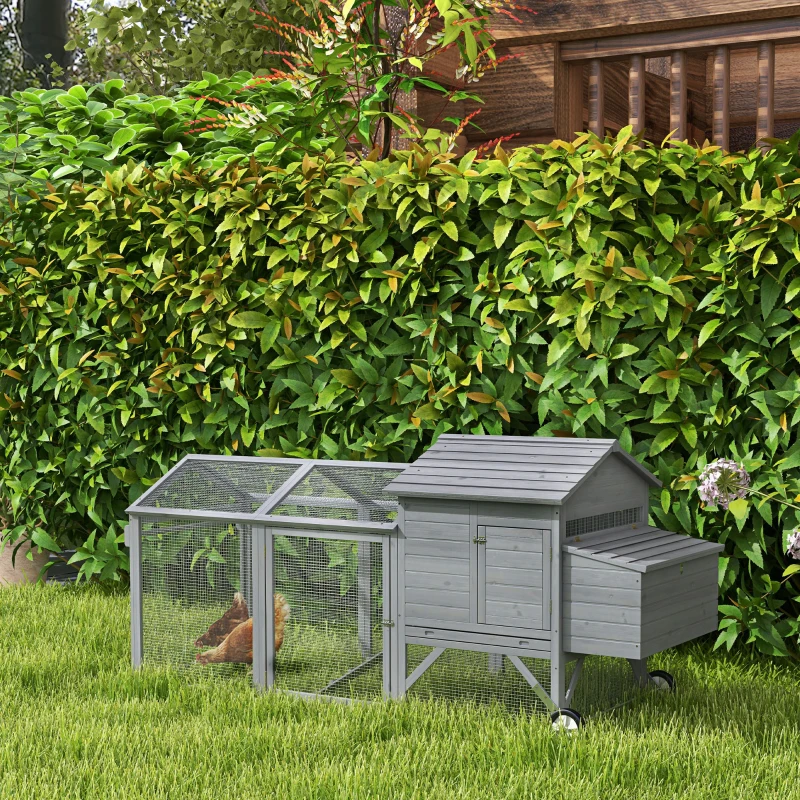 PawHut 96.5" Chicken Coop Wooden Hen House Poultry Cage Pen Portable with Wheels and Nesting Box, Chicken Cage for Backyard Outdoor, Gray