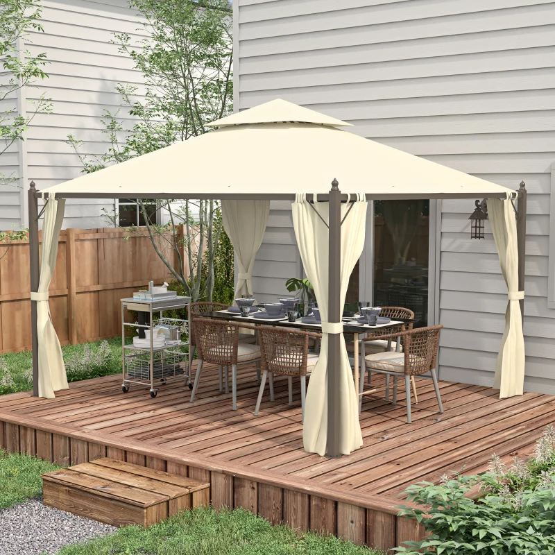Outsunny 10' x 12' Outdoor Patio Gazebo with Curtains, Two-Tier Roof, Beige