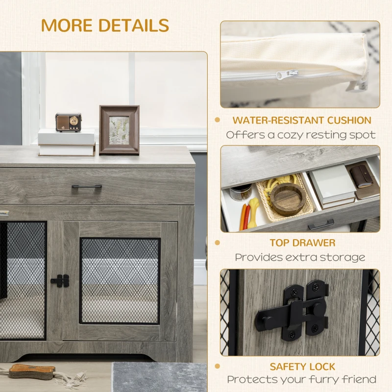 PawHut Dog Crate Furniture with Cushion, 2 Doors, Storage, Dog Kennel End Table for Small Medium Dogs, Grey