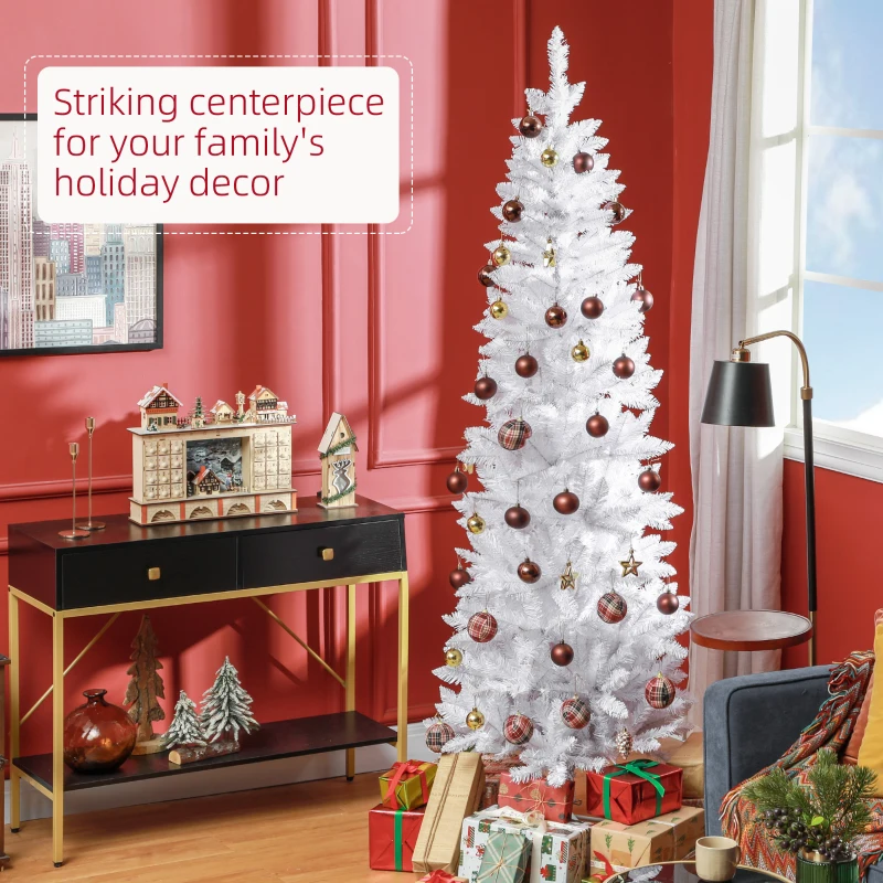 HOMCOM 7ft Tall Pencil Artificial Christmas Tree with 687 Branch Tips with Steel Base, White
