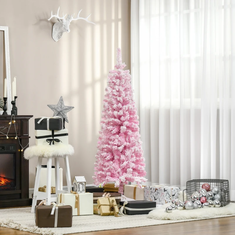 HOMCOM 5 FT Snow Flocked Artificial Christmas Tree, Pencil Xmas Tree with Realistic Branches, Auto Open and Steel Base, Pink