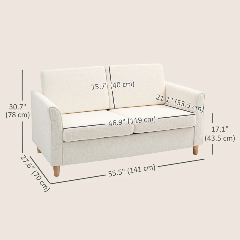 HOMCOM 2-Seat Sofa Two-Seater Couch with Armrests and Wood Legs for Living Room, Bedroom, Cream White