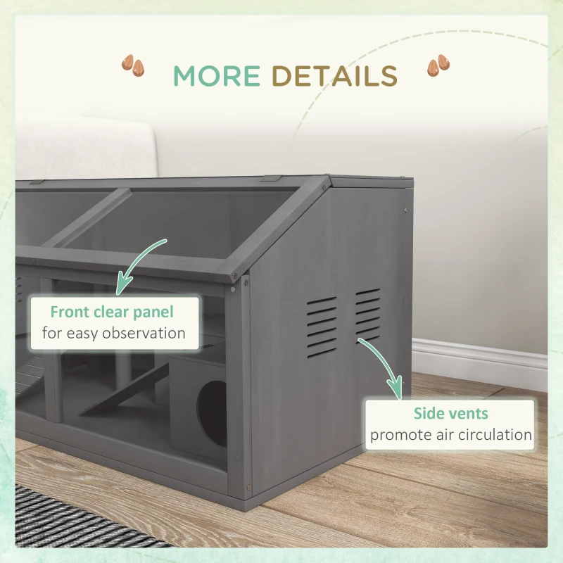 PawHut Rat Cage, Hamster Cage Wooden with Suspension Bridge, Ladders, Openable Top, Hut, Platform, for Gerbils Mice, Dark Grey