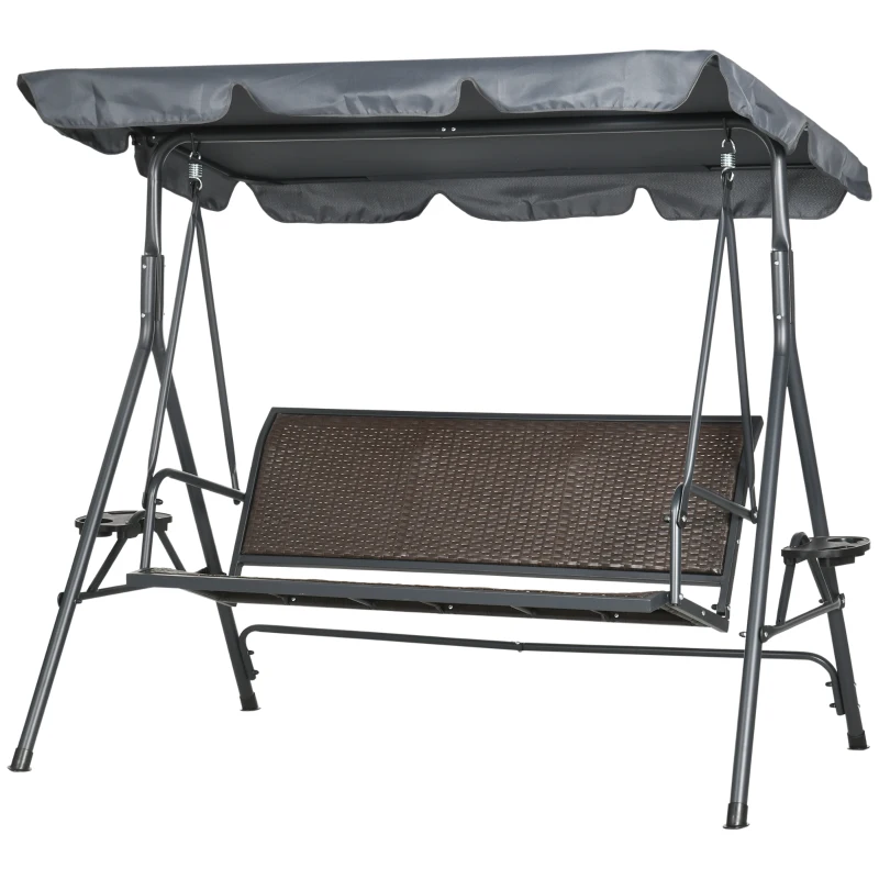 Outsunny 3-Seat Patio Swing Chair, Outdoor Canopy Swing Glider with Adjustable Shade, Rattan Seat and Steel Frame, for Porch, Garden, Poolside, Dark Grey