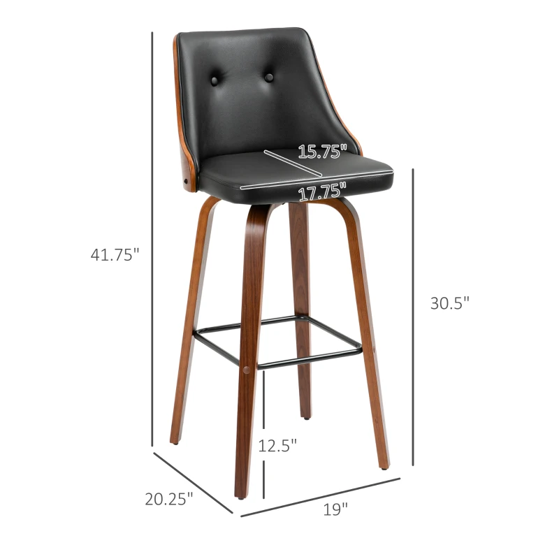 HOMCOM Bar Height Bar Stools, PU Leather Swivel Barstools with Footrest and Tufted Back, Set of 2, Black