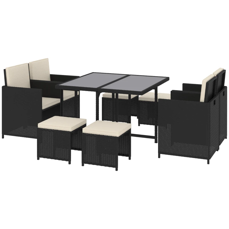 Outsunny 9 Pieces Outdoor Dining Set for 8, Space Saving Wicker Chairs and Square Glass Table with Cushions and Ottomans, Rattan Conversation Patio Furniture Set for Garden, Black/Cream White