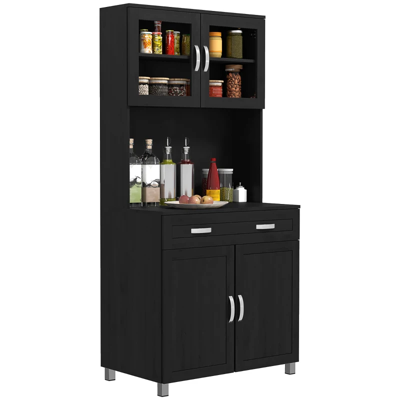 HOMCOM 67" Buffet with Hutch, Modern Kitchen Pantry, Freestanding Cabinet with Glass Doors, Shelves and Drawers, Black