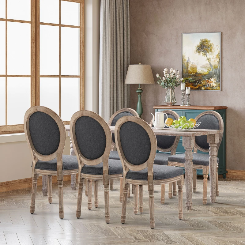 HOMCOM Vintage Armless Dining Chairs Set of 6, French Chic Side Chairs with Curved Backrest and Linen Upholstery for Kitchen, or Living Room, Grey