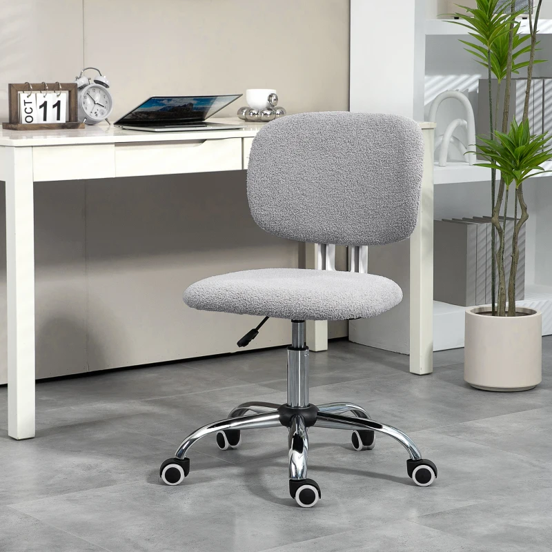 Vinsetto Cute Armless Office Chair, Teddy Fleece Fabric Computer Desk Chair, Vanity Task Chair with Adjustable Height, Swivel Wheels, Mid Back, Light Gray