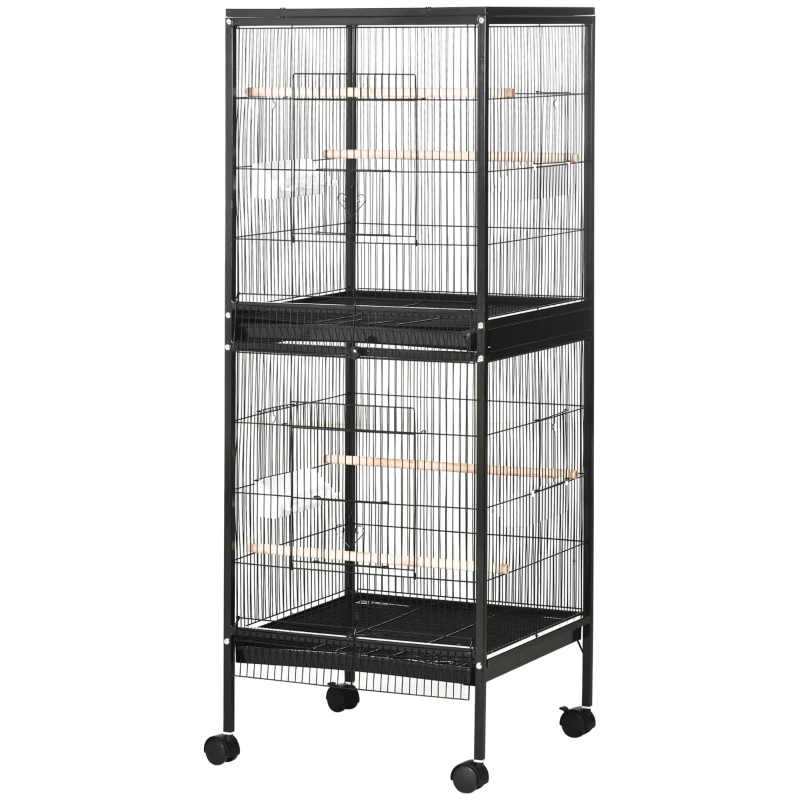 PawHut 55.1" 2 In 1 Bird Cage Aviary Parakeet House for finches, budgies with Wheels, Slide-out Trays, Wood Perch, Food Containers, Black