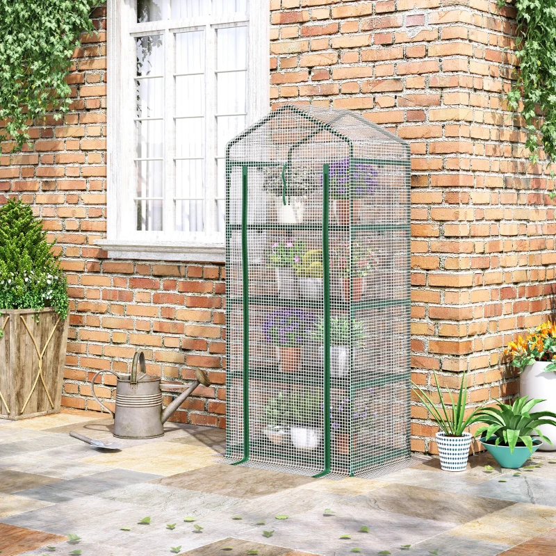 Outsunny 28" x 20" x 63" Portable Greenhouse with 4 Tier Shelves Outdoor Hot House Plant Flower Greenhouse, Steel Frame, PE Cover, White