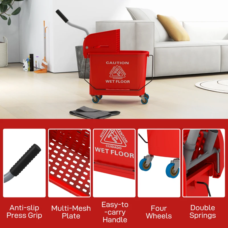 HOMCOM Compact Mop Bucket with Wringer, Mop Bucket on Wheels for Floor Cleaning, 21 Quart, Separate Dirty and Clean Water, Red