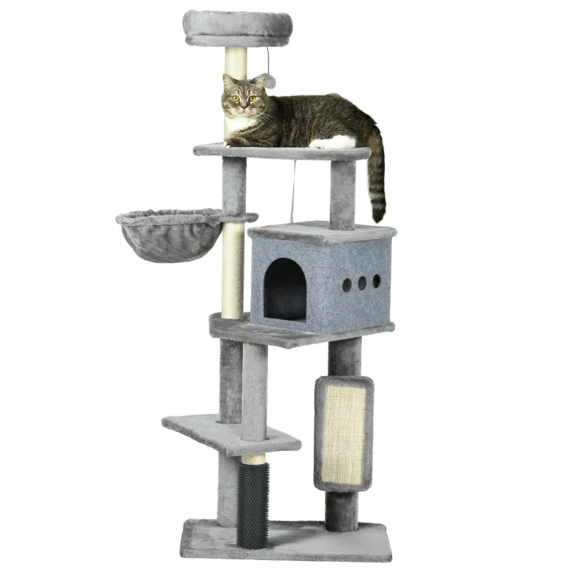 PawHut 59" Cat Tree with Scratching Posts, Self Groomer, Scratching Pad, Large Cat Tower for Indoor Cats with Hammock, Bed, House, Toys, Grey