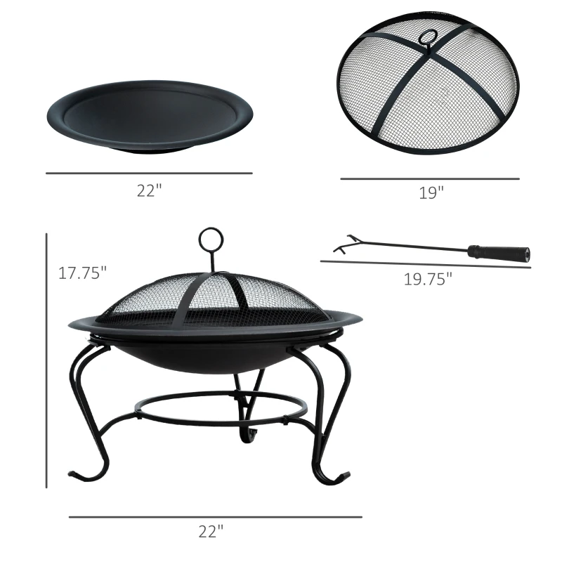 Outsunny 22" Round Firepit Patio Fireplace Garden Heater Portable Wood Burning Porch with Poker and Spark Screen Black