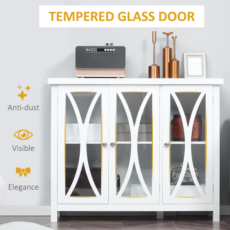 HOMCOM Sideboard, Buffet Cabinet with 3 Tempered Glass Doors, Arc Pattern and Adjustable Storage Shelf, Credenza, White