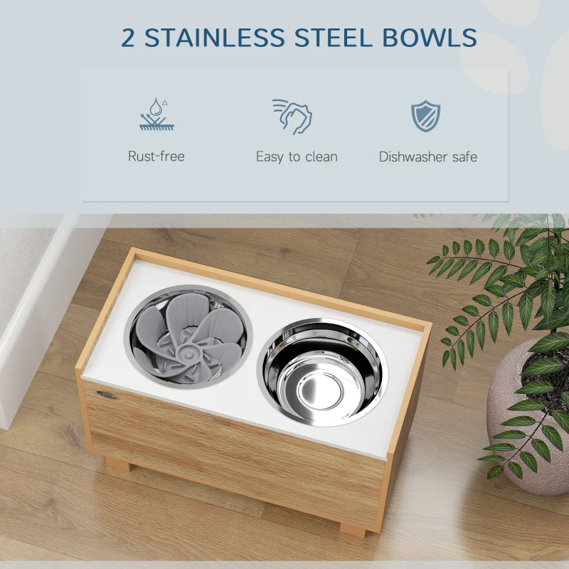 PawHut Elevated Dog Bowls with Slow Feeder Dog Bowl, Stainless Steel Food Water Bowl, Storage for Large Sized Dog, Oak