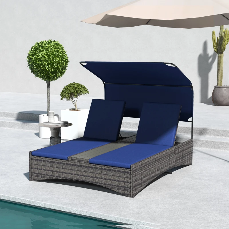 Outsunny PE Rattan Outdoor Double Chaise Lounge, Reclining Daybed with Canopy, Wood-Plastic Composite Middle Table, Dark Blue