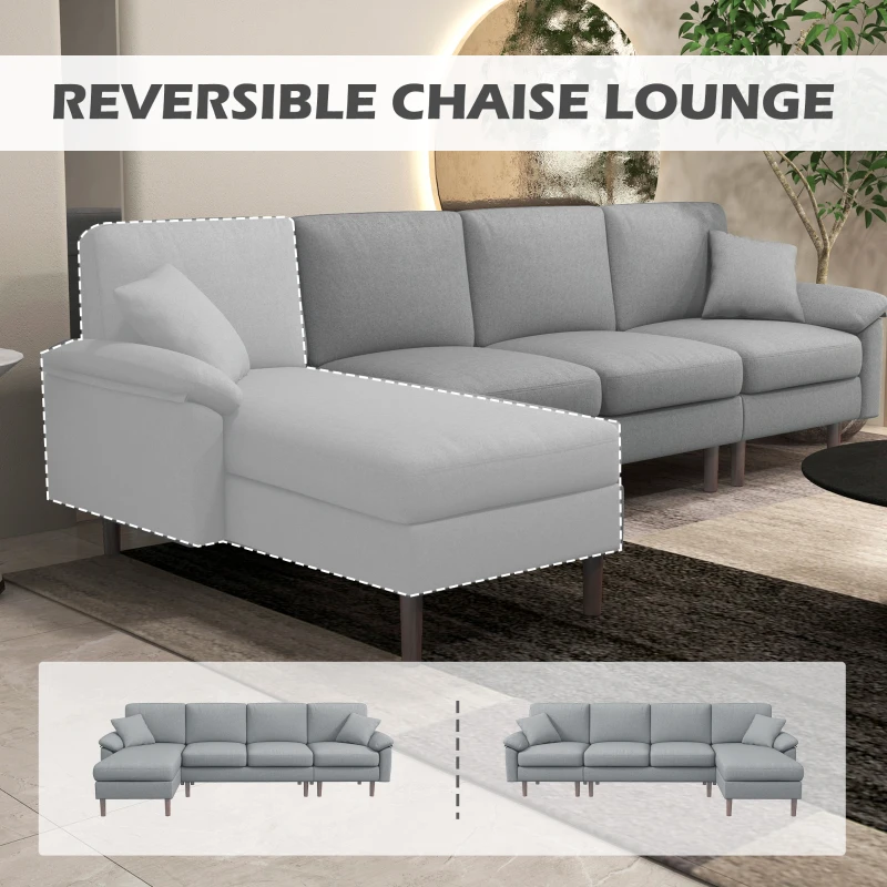 HOMCOM L Shape Sofa, Modern Sectional Couch with Reversible Chaise Lounge, Pillows and Wooden Legs for Living Room, Gray