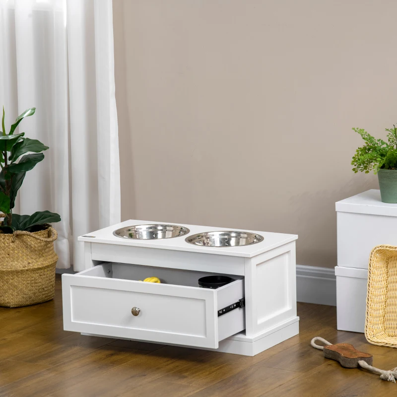 PawHut Large Elevated Dog Bowls with Storage Drawer Containing 11L Capacity, Raised Dog Bowl Stand Pet Food Bowl Dog Feeding Station, White